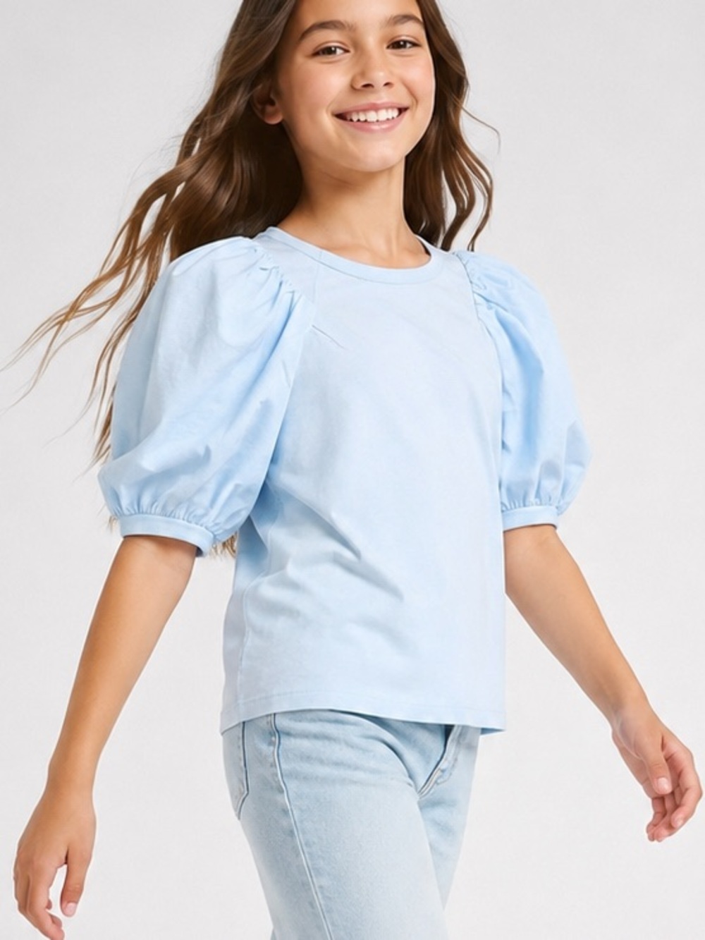 a loves a Girls Puff Sleeve Top Light Blue Crewneck Size M NWT